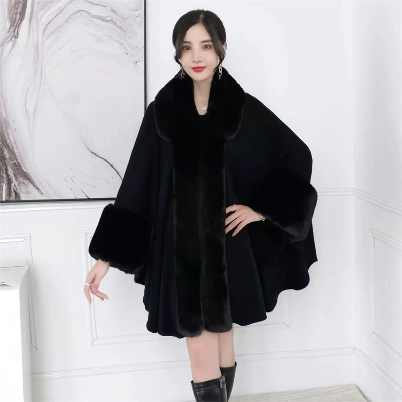 Women's Shawls Autumn And Winter Fashion New Loose Large Size Coat Fur Collar Sweater Outer Wear Medium Long Solid Color Cloak Shawl 1188_voghion.com