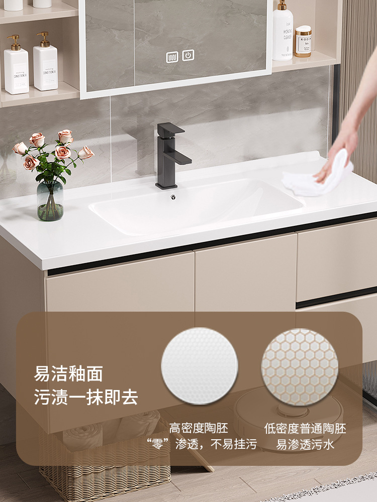 Combinación de gabinete de baño de estilo crema montado en la pared lavabo mesa de lavado gabinete de espejo de cerámica traje integrado