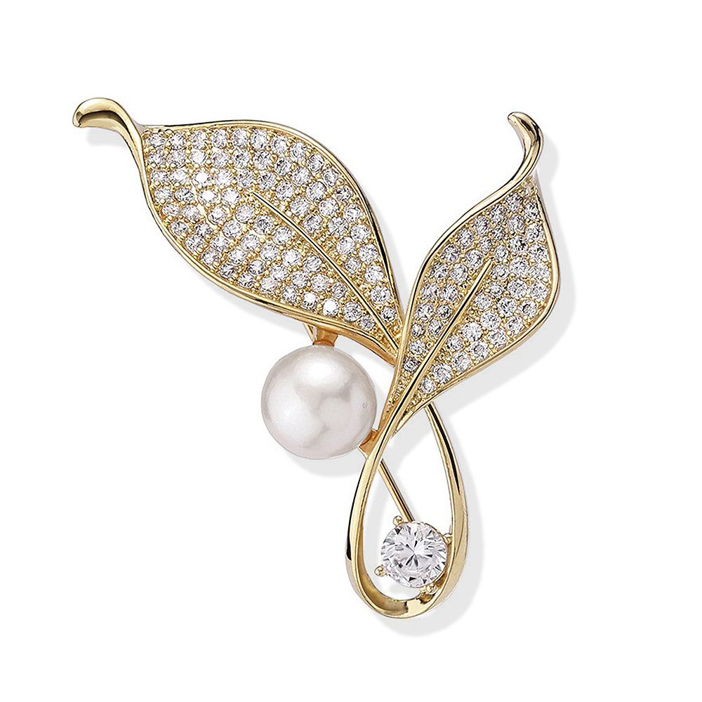 Fashion Women's Pearl Leaf Brooch Gold Rhinestone Alloy Clothing Fixed Accessories Anti Exposure Pin Collar Pin_voghion.com