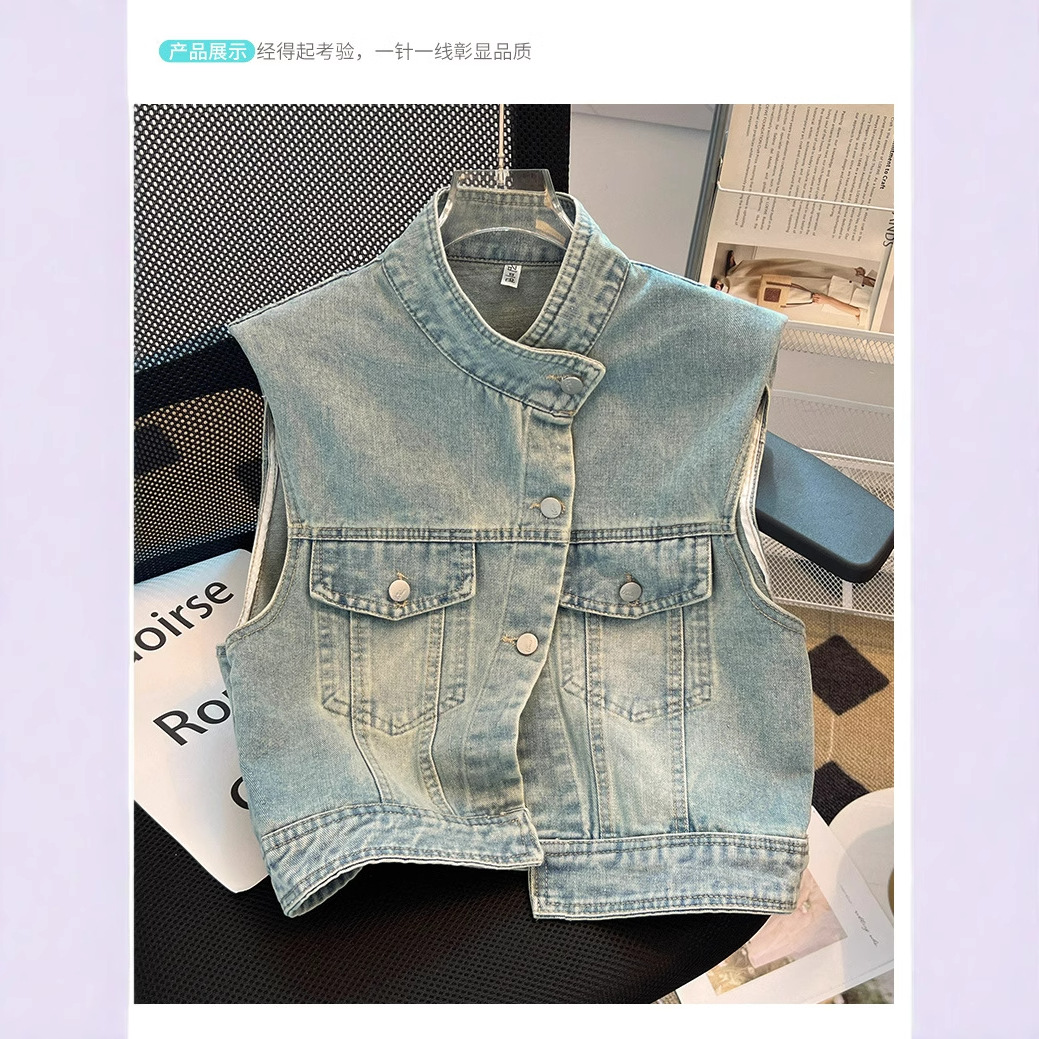 Women's Sleeveless Jacket with Vertical Collar Denim Vest
