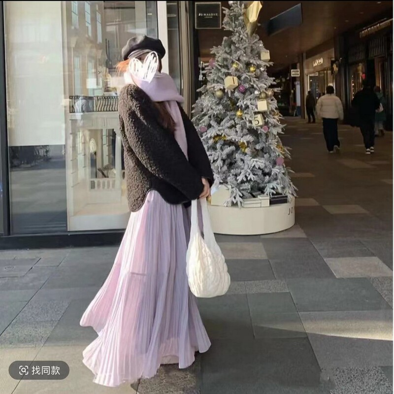 (Three lengths) Gentle purple midi skirt, high-waisted fairy skirt, early spring elegant and versatile pleated long skirt