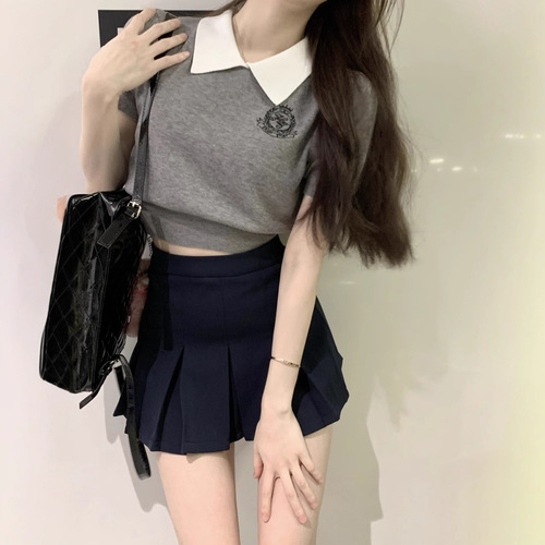 OAJER European and American Style Children's Clothing Flagship Eagle Same Style Women's Student Woolen Sweater Women's Summer Knit Polo Neck Short Sleeve Top