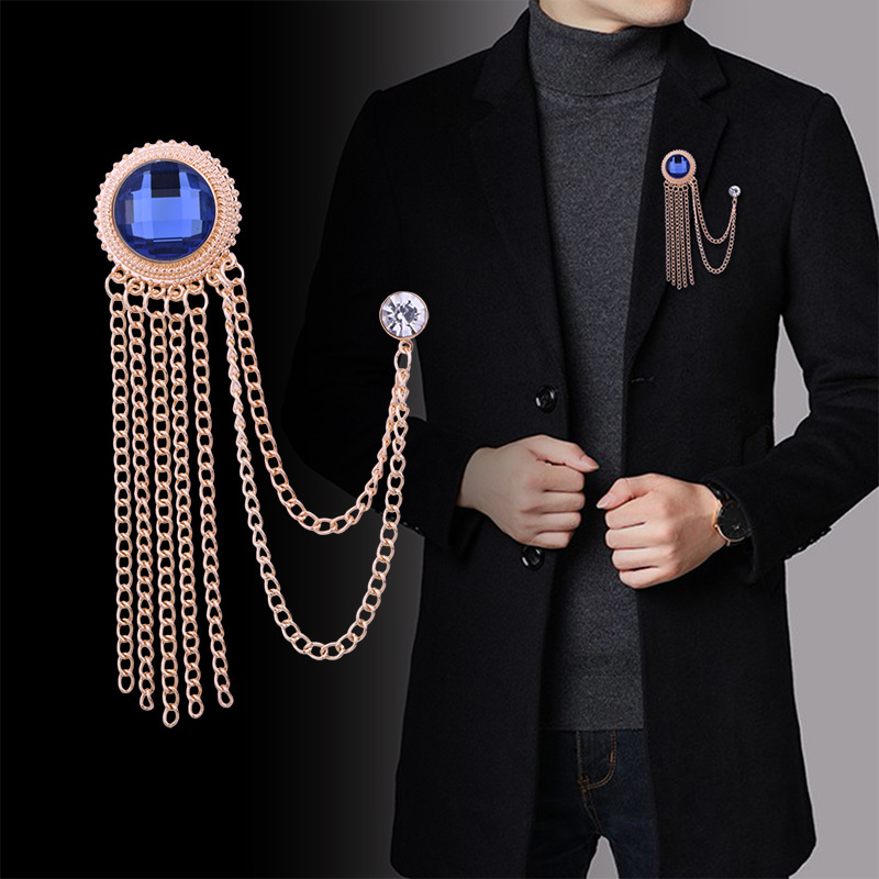 European and American Retro Gem Tassel Pin Accessories Badge Men's Suit Brooch High-end Luxury Suit Chain Decoration