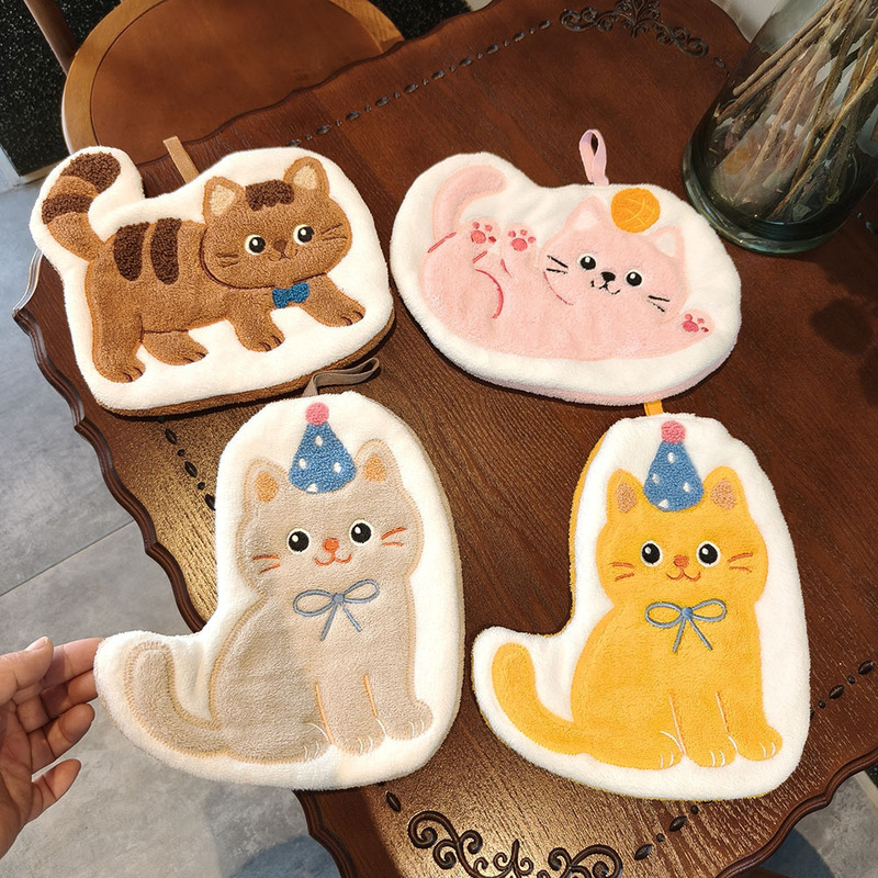 Cross-Border Supply of Cute Kitten Coral Fleece Hand Towels, Hangable, Absorbent, Suitable for Bathroom and Kitchen, Children's Gift