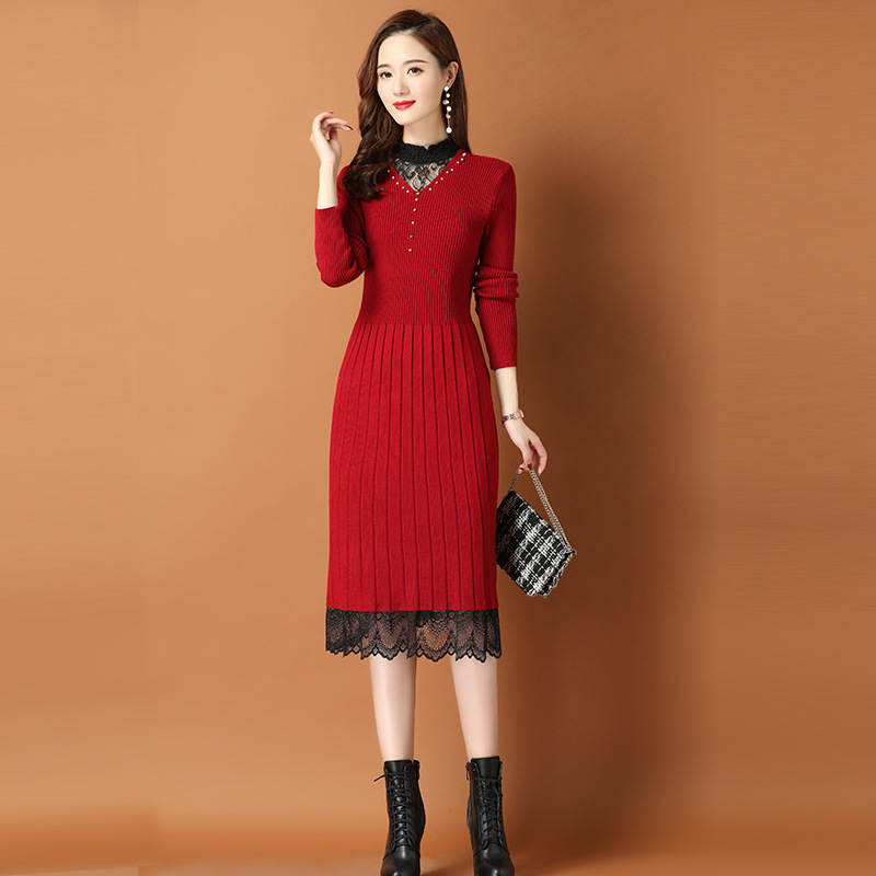 针织连衣裙女2025新款配大衣中长款毛衣裙秋冬过膝针织打底蕾丝裙|undefined