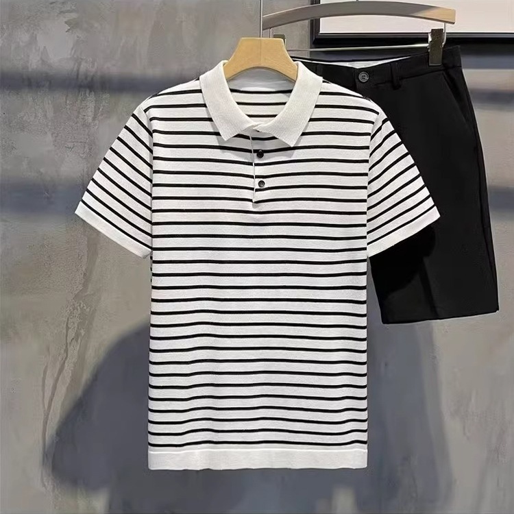 Men's Slim Fit Polo Shirt Striped Short Sleeve Ice Silk T-Shirt Business Casual Lapel Summer Top POLO Clothing_viptrois.com