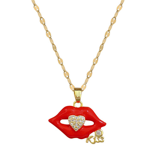【Titanium Steel】Flame red lips Zircon Light luxury temperament Gorgeous full diamond necklace for women versatile clavicle chain Titanium steel chain