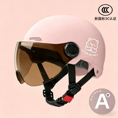 Motosiklet kaskı (dəbilqə) motorcycle helmet men's and women's battery - 02-pink-brown-short-mirror-silver-white-bear