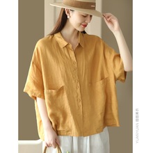 新款复古汉麻翻领衬衫女大口袋中袖衬衣百搭宽松开衫上衣