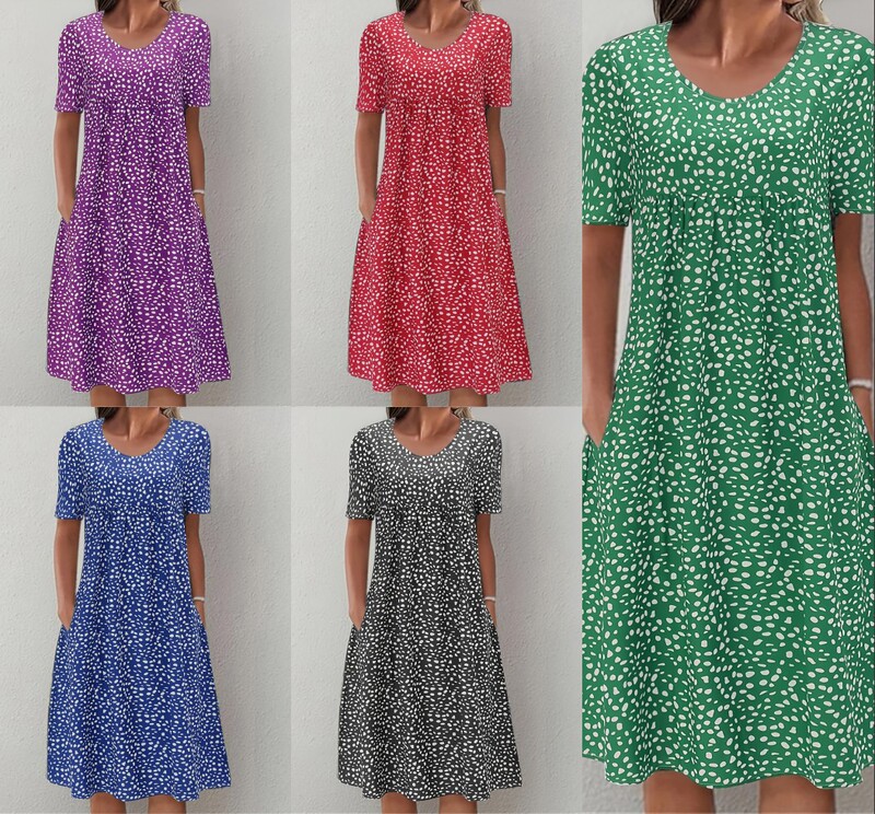 2023 Casual Loose Round Neck Bohemian Floral Dress Short Sleeve Summer Beach Swing Dress