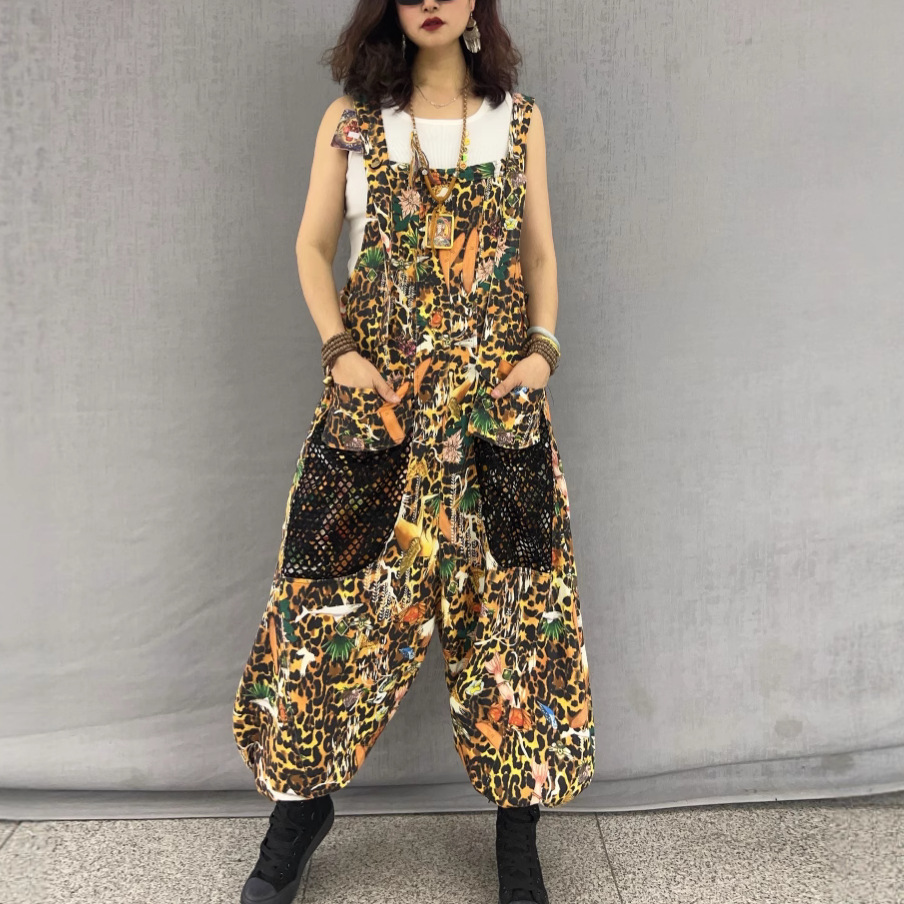 Personalidad moda fresco patrón de leopardo estampado de mezclilla empalme chaleco de malla mono traje de dos piezas de moda de primavera para mujer image 3