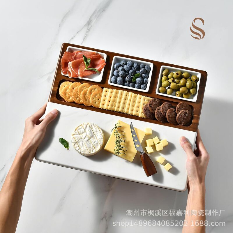 Custom Amazon Marble and Acacia Wood Cheese Board Set 3 Ceramic Bowls, Stainless Steel Cutlery