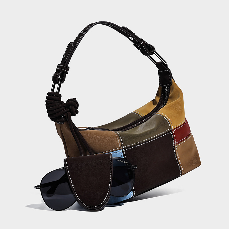 European and American Fashion Splicing Lunch Box Bag Women's Shoulder High-End Large-Capacity Bag 2025 New Retro Satchel Shoulder Bag
