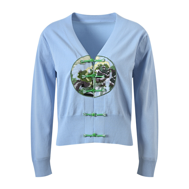 2024 spring new design sense new Chinese style improved national style embroidered V-neck buckle fashion knitted cardigan top