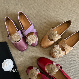 Sheepskin version ~ 5CM French retro camellia flower Mary Jane shoes women's 2025 new Joker cross elastic band