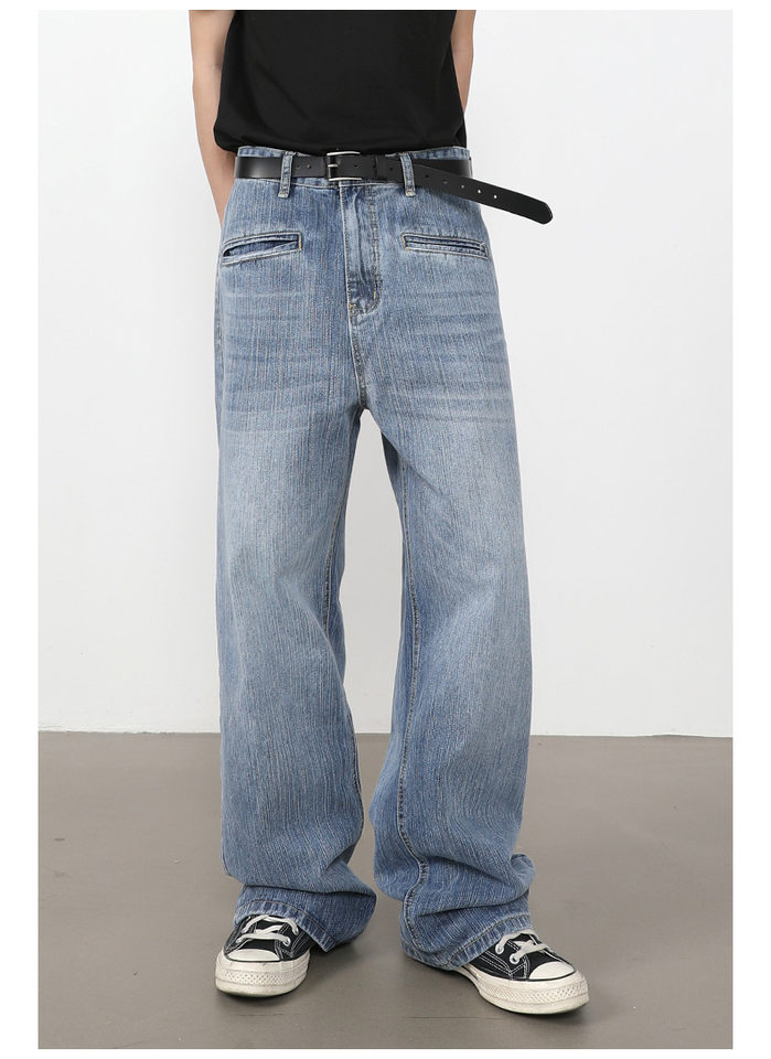 Quần jeans nam ống rộng suông thẳng túi trước họa tiết vân tre — màu xanh chi tiết 9