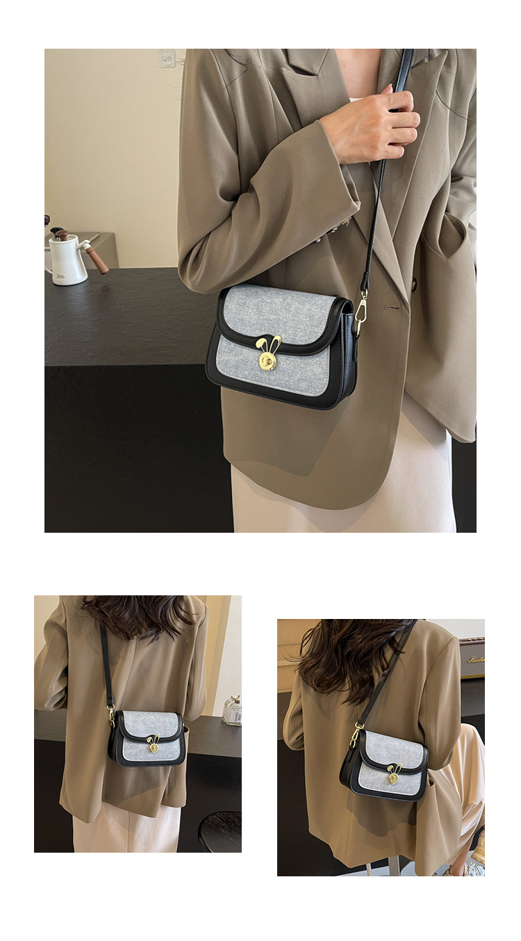 Texture denim saddle for women's 2024 summer new contrasting color lock buckle single shoulder bag, niche Western style_voghion.com