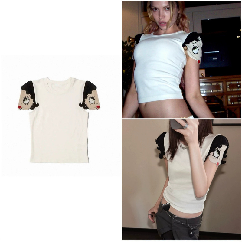 Miss Betty's 3D Appliqué Embroidered Earrings, Waist-Cinching Short-Sleeve T-Shirt for Women, Stylish Slim-Fit Short Top