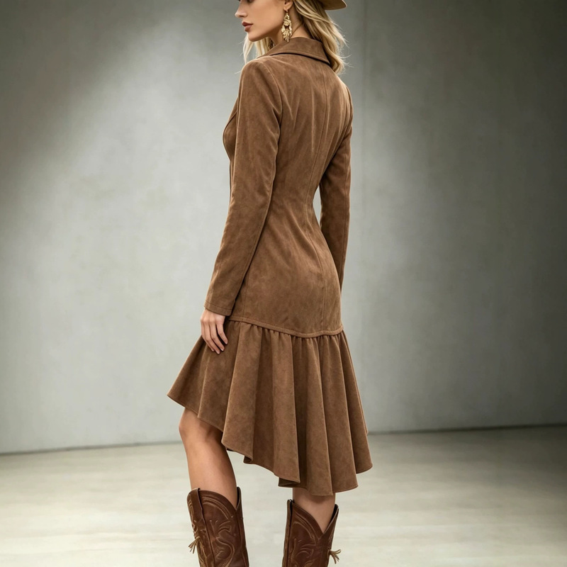 Foreign trade European and American style faux suede dress, turn-down collar, waist-cinching, asymmetrical ruffle hem, fishtail long dress, women's clothing supply