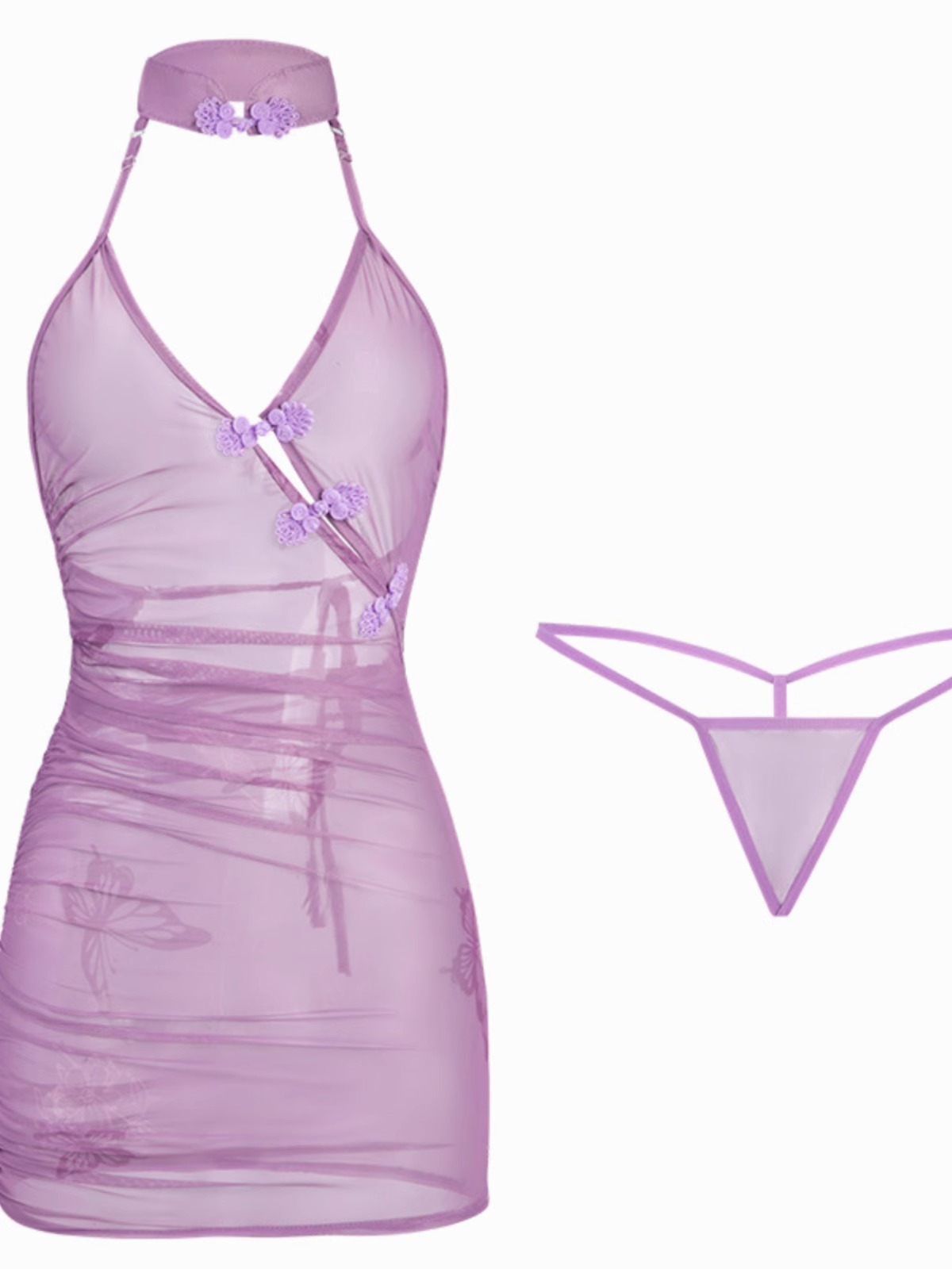 Purple Sheer Mesh Cheongsam-Style Lingerie Set with Mini Skirt, Shorts and Fishnet Stockings — detail image 12