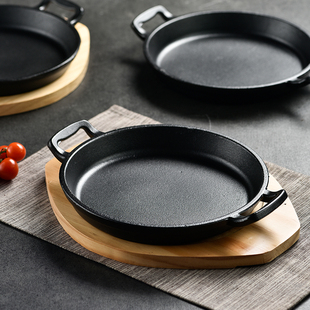 Steak Teppanyaki Plate Thickened Cast Iron Household Induction Cooker with Korean Frying Round Grill Pan Barbecue Pot Wooden Board