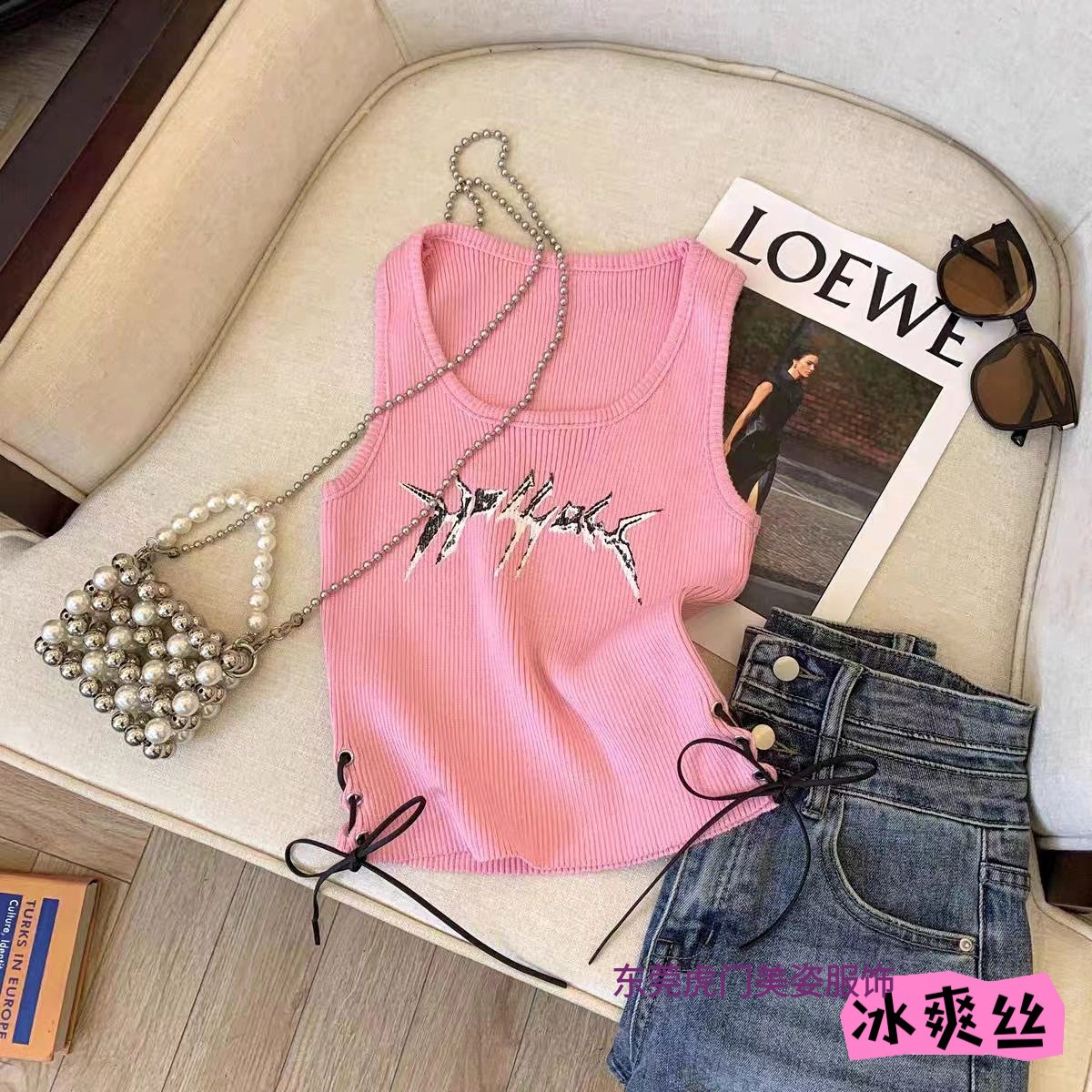 外贸原单女装专柜撤回辣妹系带吊带背心夏季显瘦洋气短款打底上衣