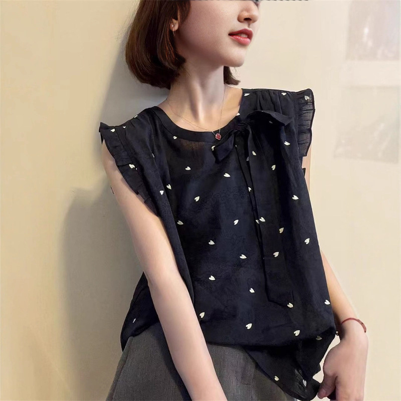 2025 New Summer Korean Style Slim Design, Fashionable and Versatile Round Neck Heart Polka Dot Printed Sleeveless Shirt for Women