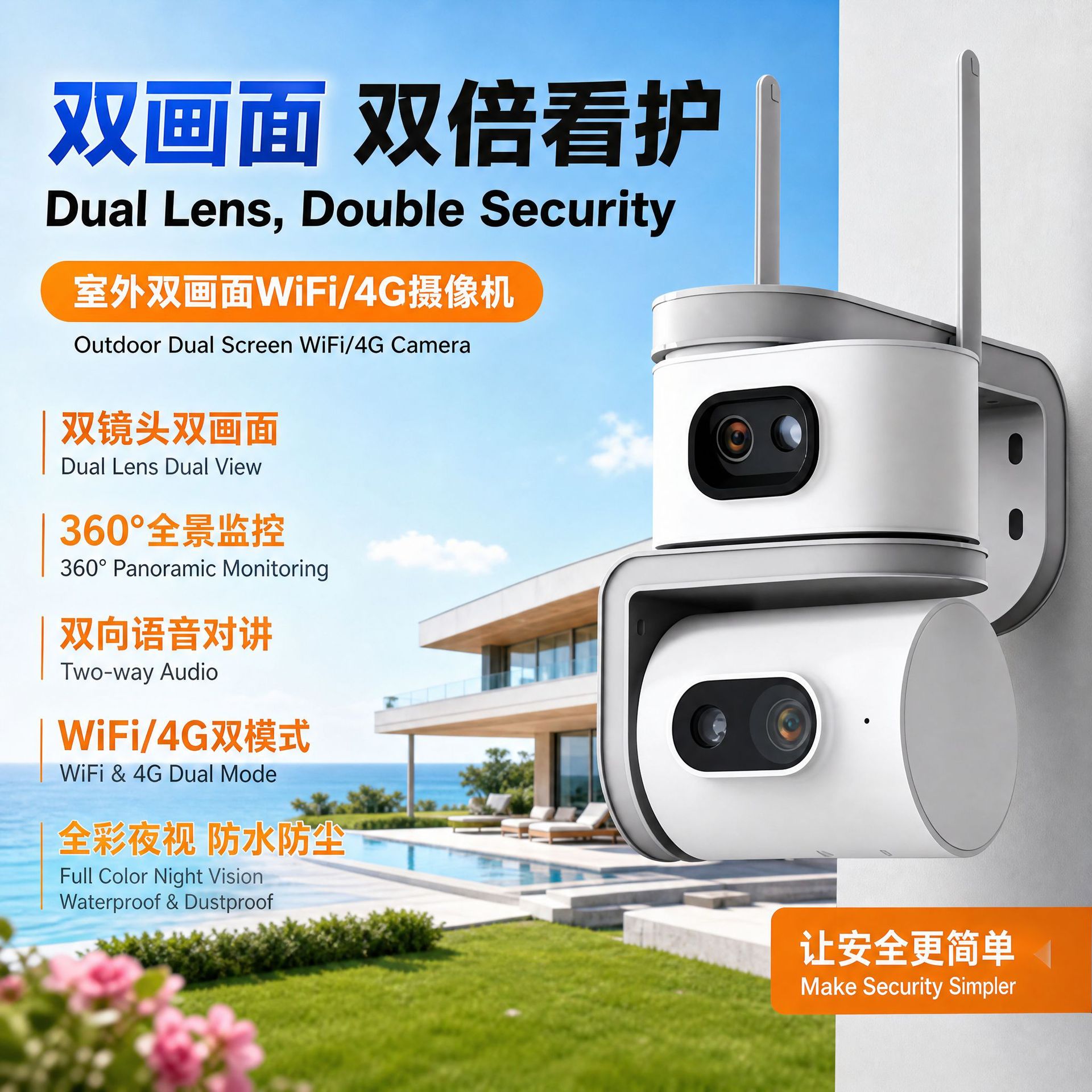 Dual-screen outdoor surveillance camera, WiFi, night vision, 4G, two-way audio