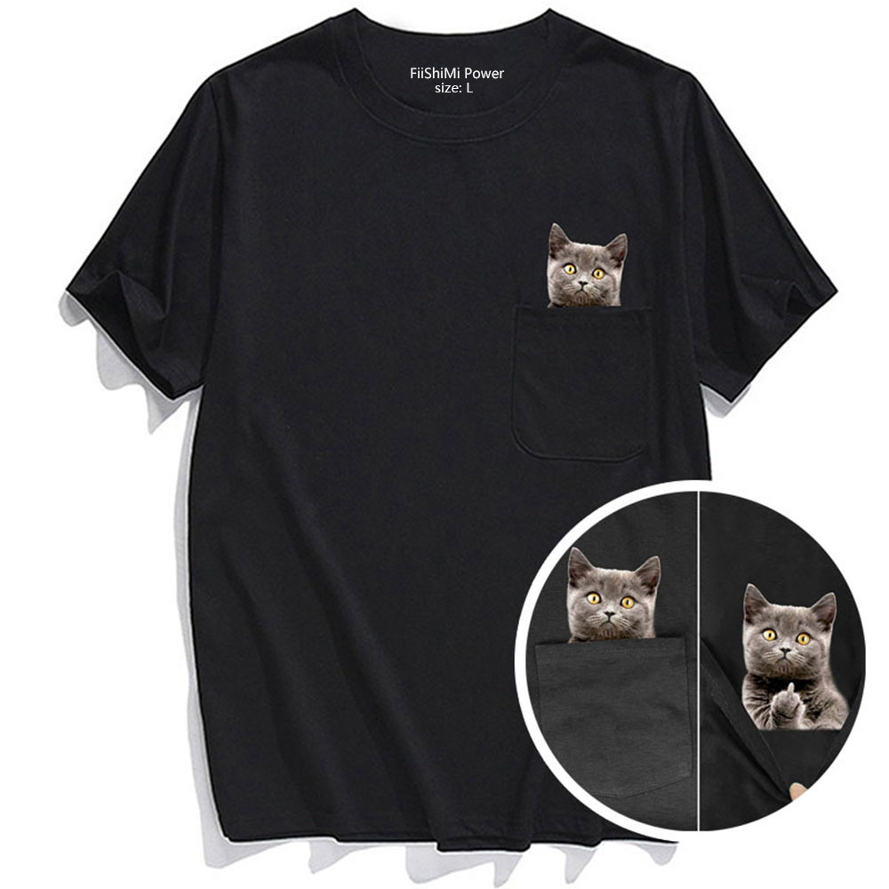 Pocket Short Sleeve Men's CLOOCLT T-shirt Cat T Brown Bear Middle Finger Printed Patch Bag Fun and Novelty Pet_voghion.com