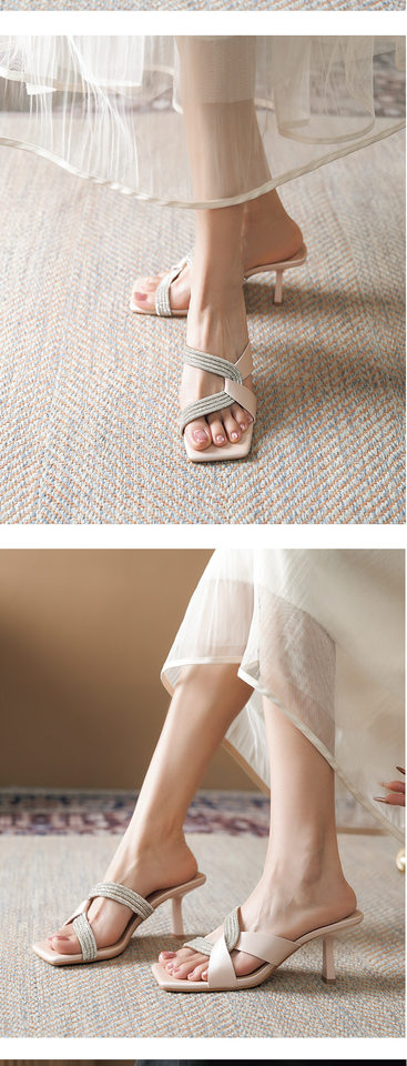 Dép sandal nữ quai ngang mũi vuông hở ngón đính đá hình rắn, gót cao 6–8 cm — Màu bạc, Màu hồng nhạt, Màu trắng ngà chi tiết 10