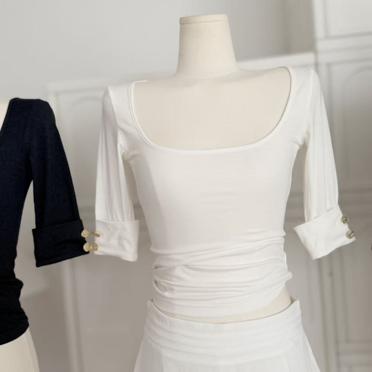 Oxygen Korean Girl's Cute Mid-sleeve Shirt, Summer Tight-fitting Elastic Half-sleeve Top For Women_ecoleips.com