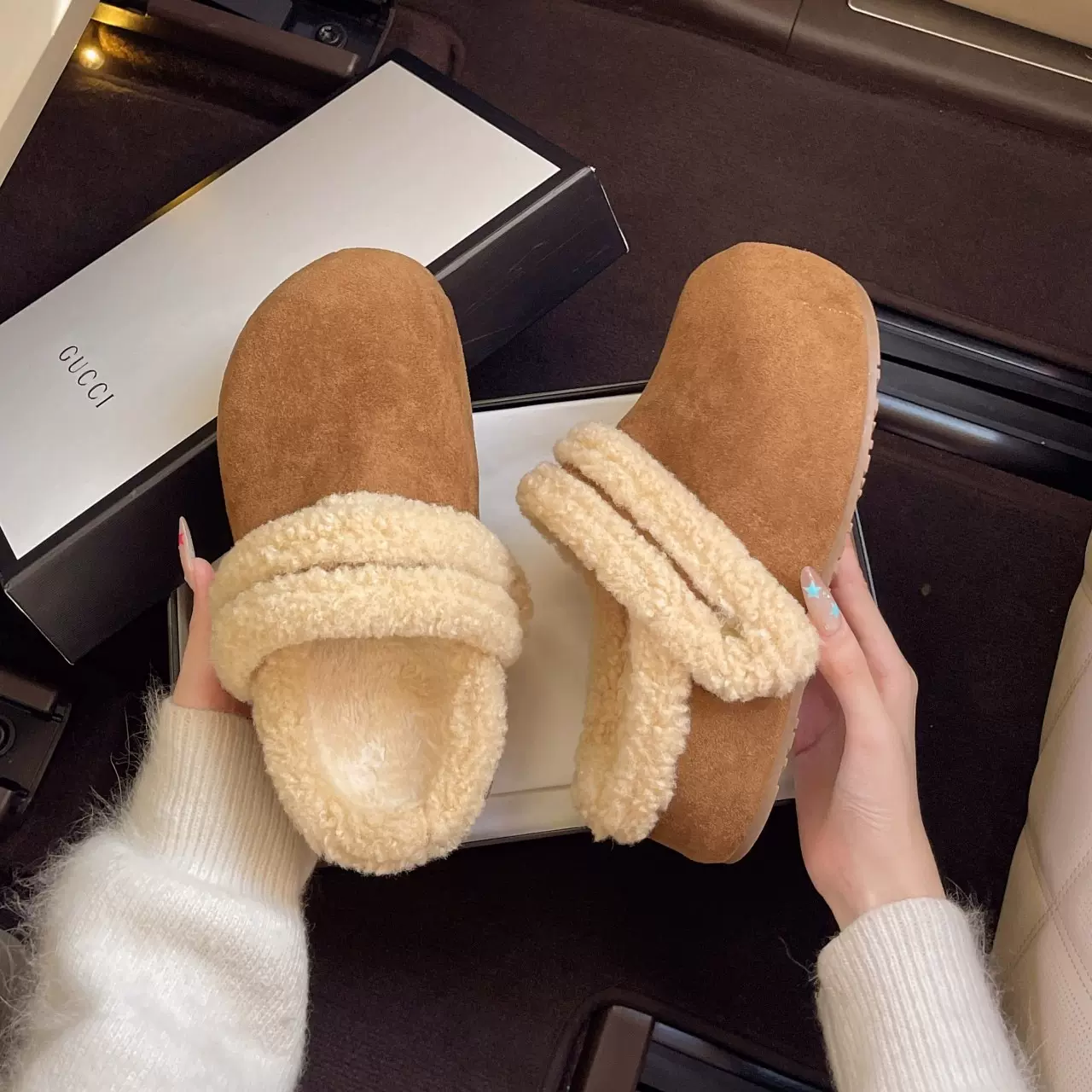 5CM厚底内增高勃肯拖鞋女鞋加绒2025新款冬季一脚蹬毛毛鞋半拖鞋