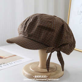 八角帽蝴蝶结格子棒球帽春夏秋成人女士帽子甜美艺术搭配神器新款