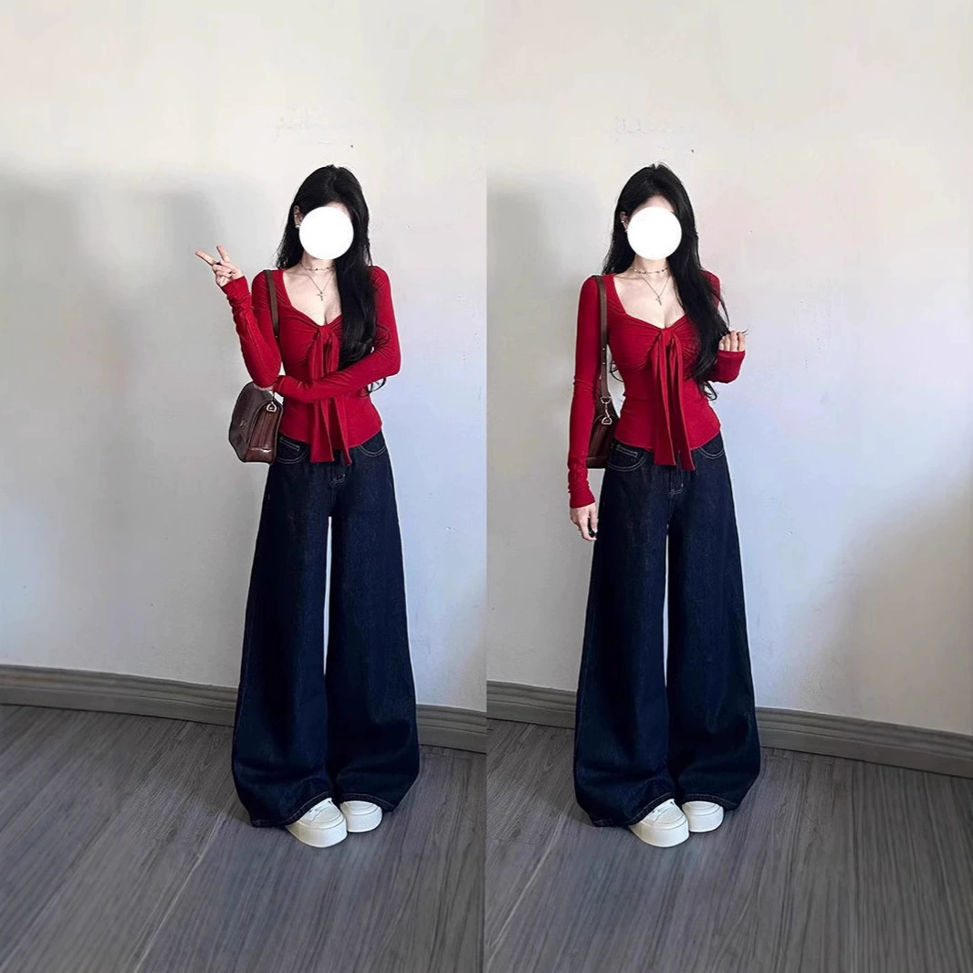 Темно-синие широкие джинсы в стиле ретро для миниатюрных пикантных девушек для женщин, прямые свободные утягивающие драпированные брюки длиной до пола с высокой талией