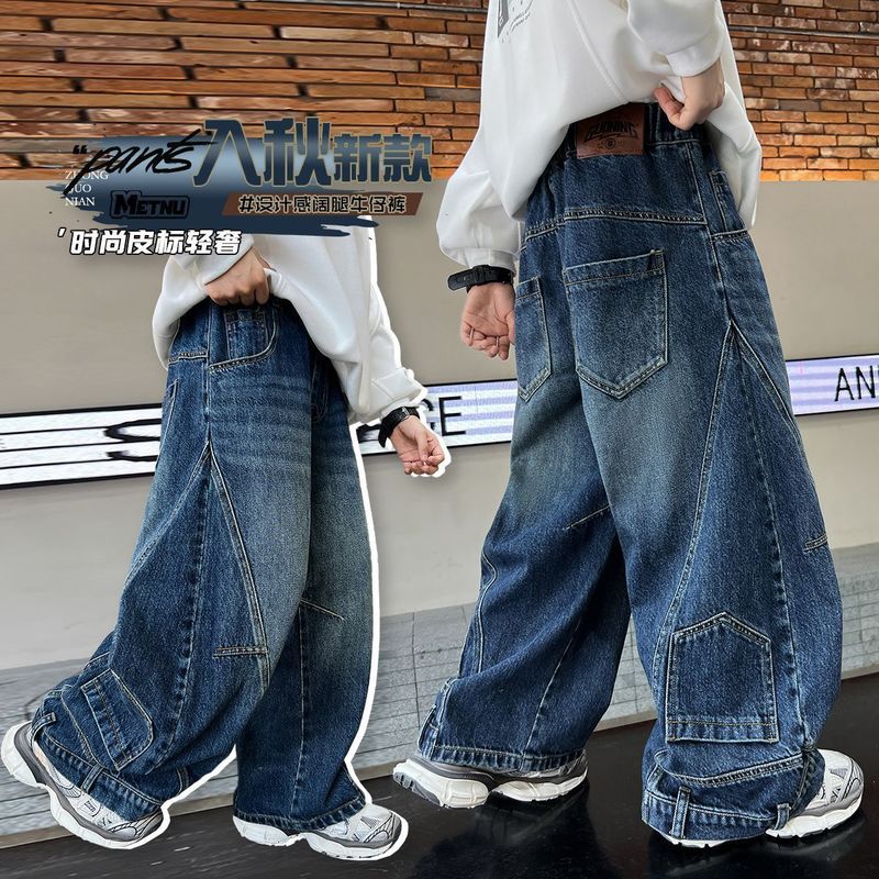 男の子ジーンズ秋シミターパンツ2025春秋新作中大型子供パンツハンサム子供ワイドレッグパンツ|undefined