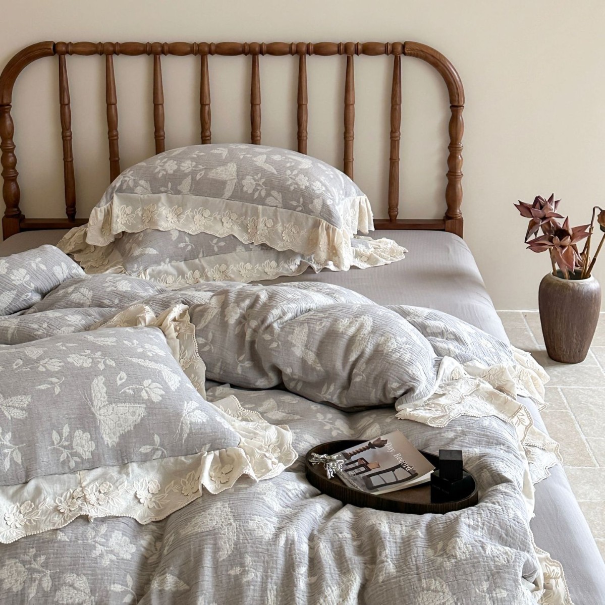 Parure de lit avec dentelle, style français coton et lin_voghion.com