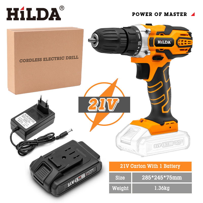Hilda en stock taladro eléctrico de litio recargable multifunción herramienta eléctrica taladro de impacto taladro de mano al por mayor destornillador