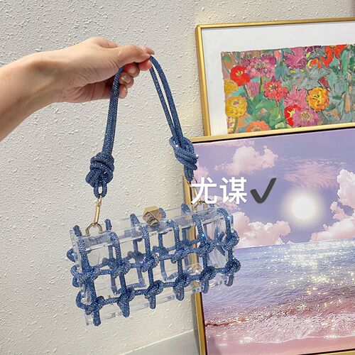 Sparkling Diamond Transparent Acrylic Box Banquet Rhinestone Hand-woven Rope Small Square Armpit Clutch
