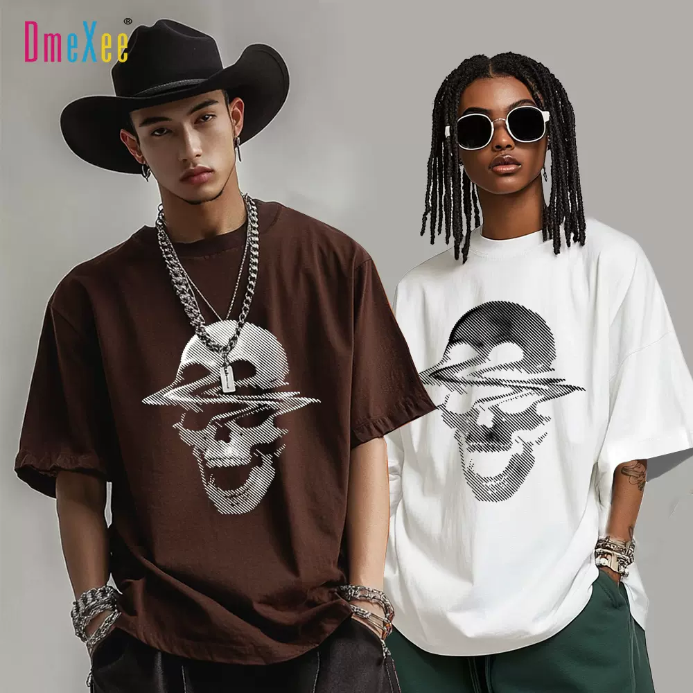 跨境男装美式骷髅印花潮流t恤宽松男女同款大码短袖休闲上衣男