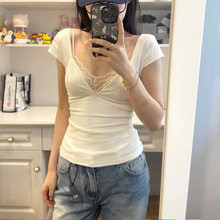 跨境工厂(不含内衣)夏季短袖T恤女装拼接辣妹低胸V领短款上衣淘宝