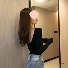 镂空长袖打底衫T恤女秋季新款韩版甜辣露背别致感锁骨上衣潮无袖
