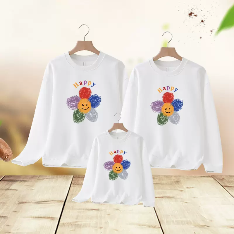 笑脸亲子装一家三口装上衣2025秋装卫衣家庭装happy印花学生班服