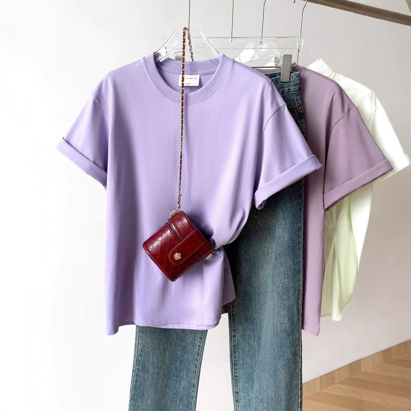 Gentle Lavender Purple Combed Cotton T-Shirt Loose, White and Versatile, Soft and Simple Basic Style for Men and Women, Short-Sleeved Summer