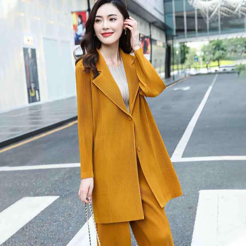 Suit Jacket Women's Long Spring and Autumn Miyake Slim Fit OL Business Wear suit Pleated Quality Long Sleeve Cardigan Top