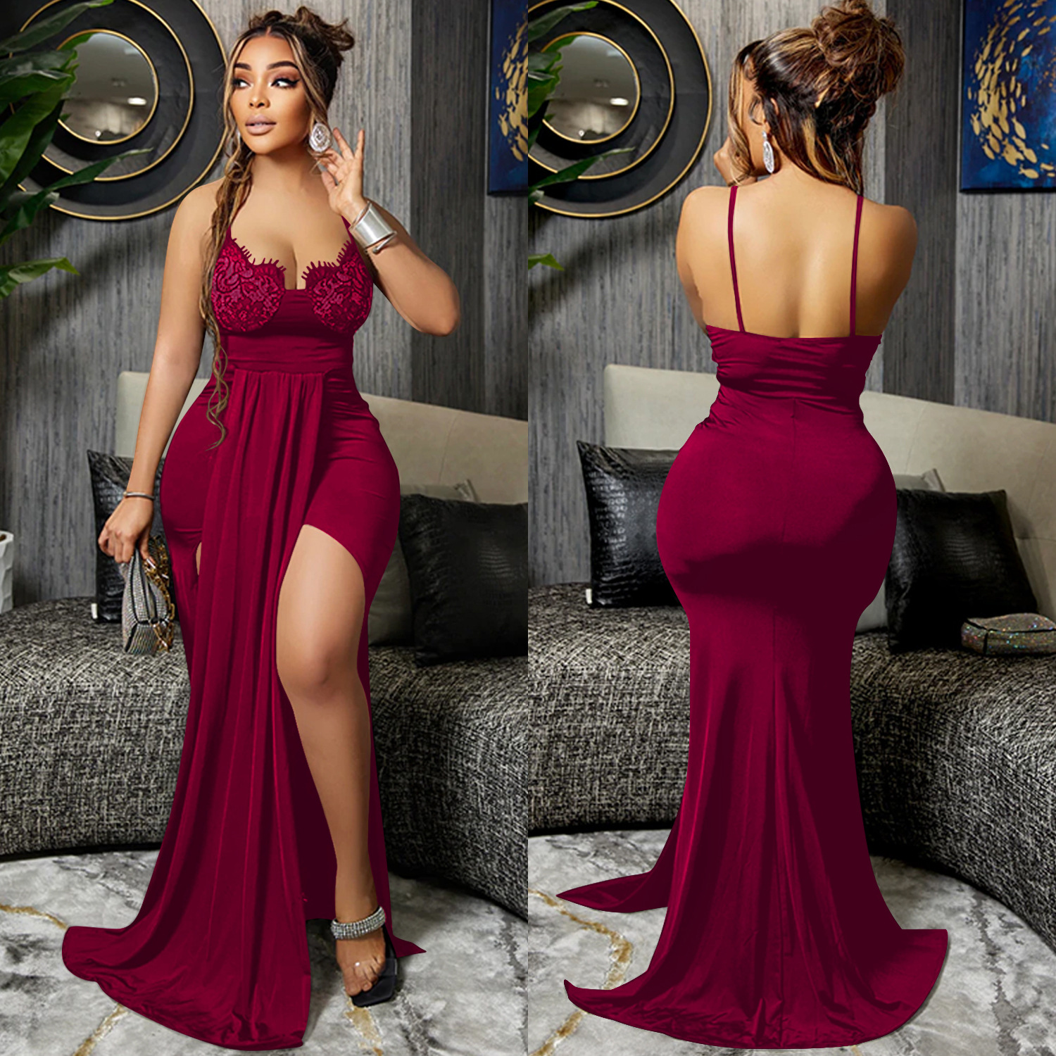 X5901 nueva moda europea y americana color sólido elegante sexy V-V-correa backless vestido irregular vestido largo ropa de las mujeres image 4