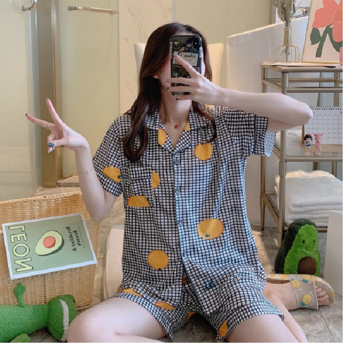 Pijamas de verano de las mujeres de manga corta linda chica Corazón de dibujos animados solapa desgaste del hogar WeChat transmisión en vivo en línea traje de entrega de una pieza