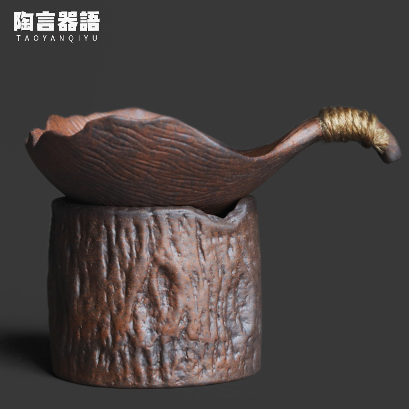 老岩泥树桩银杏叶茶滤组复古粗陶材质创意功夫茶道配件茶漏滤茶器|undefined