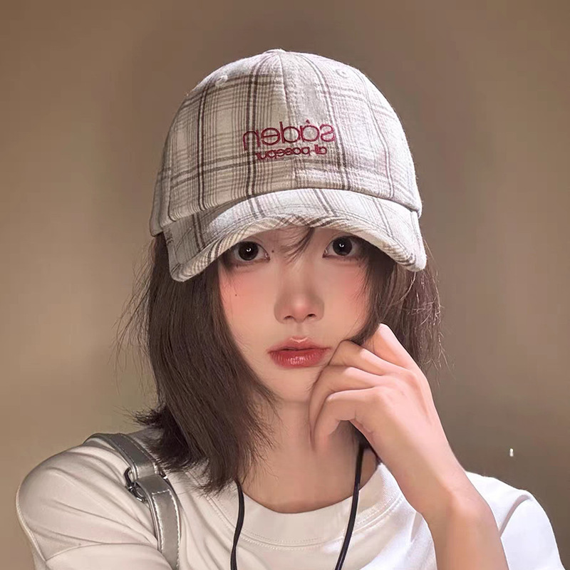 格纹复古透气棒球帽子夏季显脸小英文刺绣遮阳百搭大头围鸭舌帽潮|undefined