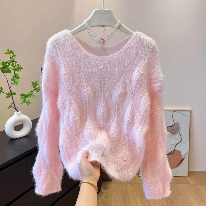 Spring Gentle Breeze Pink Beaded Sweater for Women, Spring and Autumn Lazy Style Loose Slimming Knitwear, Round Neck Solid Color Top