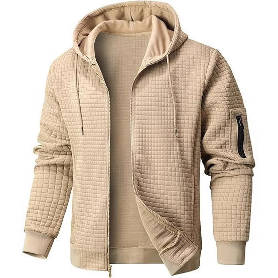 2025 European and American Men's Pure Color Lightweight Hooded Sweatshirt Full Zipper Waffle Sweatshirt Casual Jacket Jacket